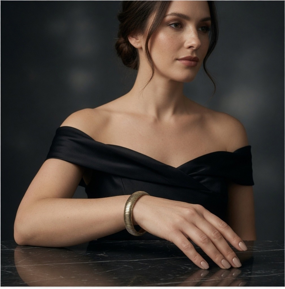 Omega Gold Tone Stretch Bracelet Vintage Unisex Bangle One Size Fits Any
